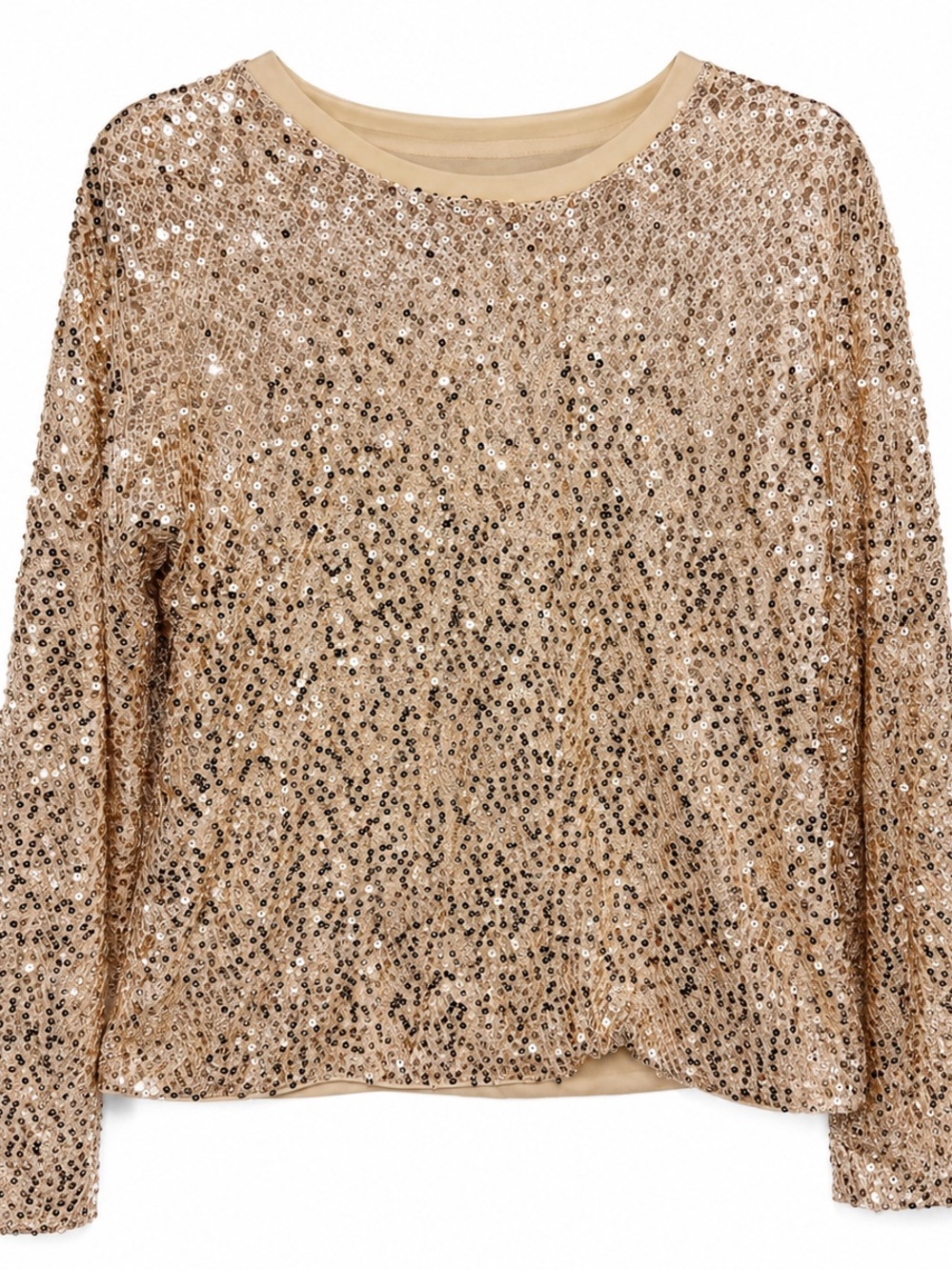 Sequin Long-Sleeve Crewneck Top in Gold